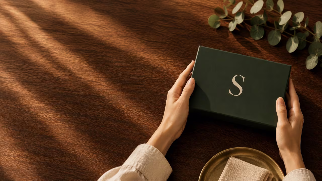 Caixa verde da Sereva sobre mesa de madeira, segurada por duas mãos, com ramo de eucalipto ao lado
