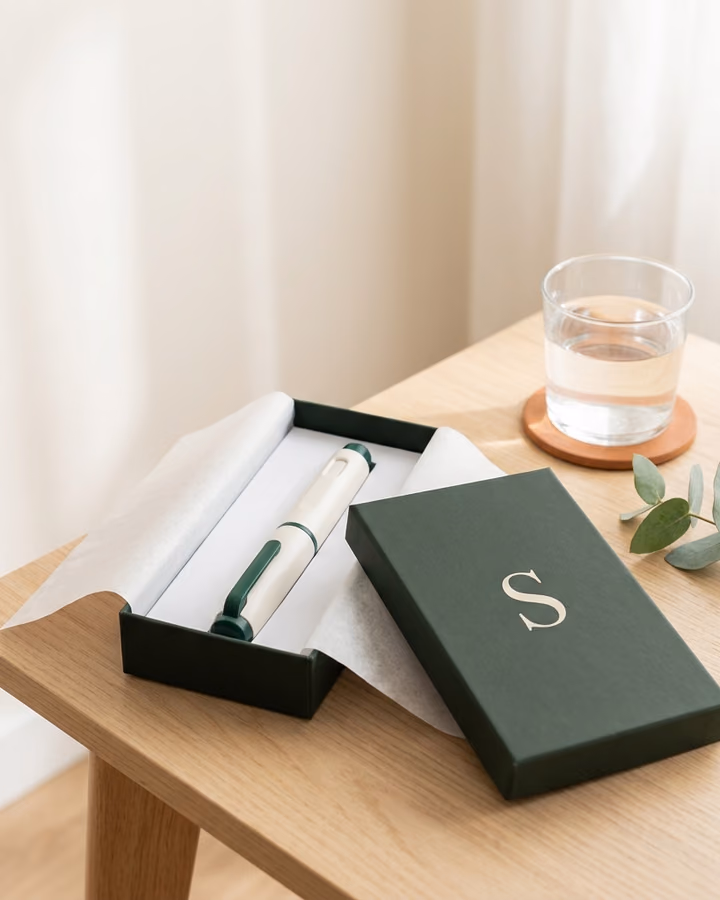 Caneta injetável de medicação em um estojo verde da Sereva sobre uma mesa de madeira, ao lado de um copo de água e um ramo de eucalipto